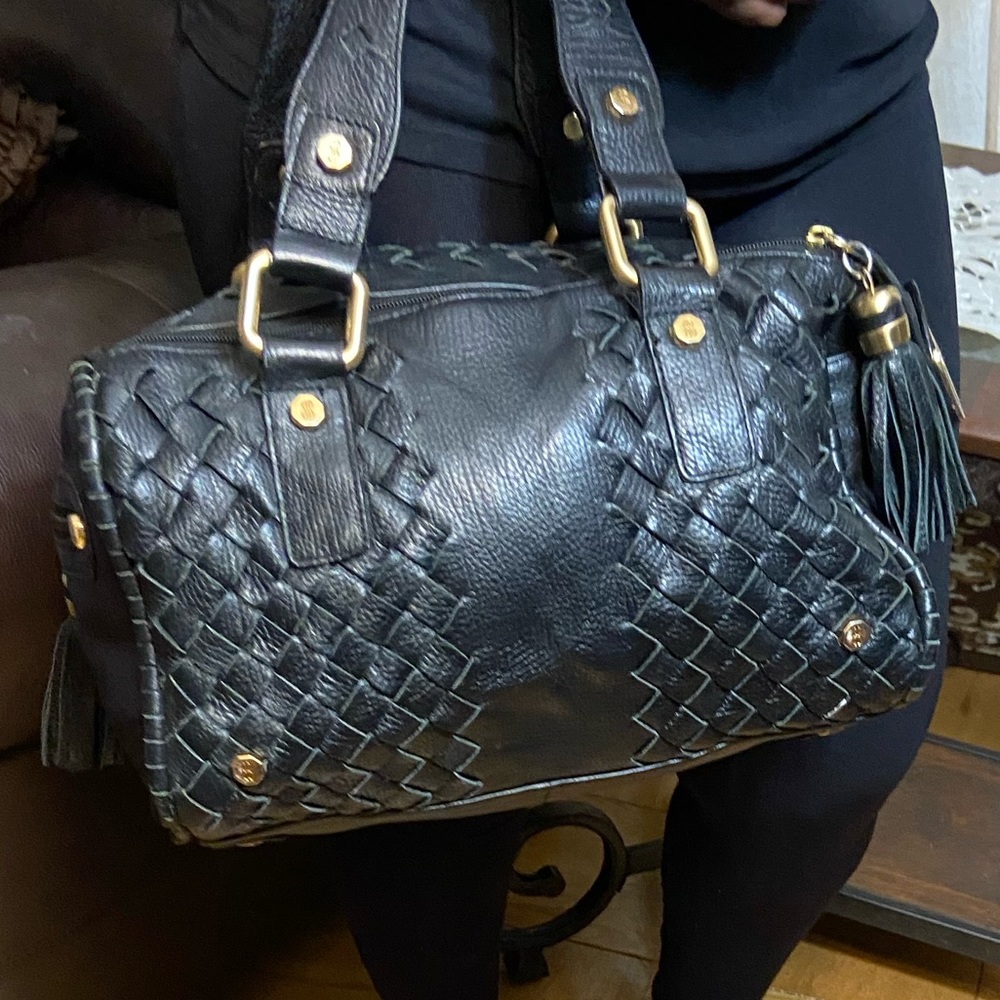 Black Leather Bill Blass basketwoven handbag